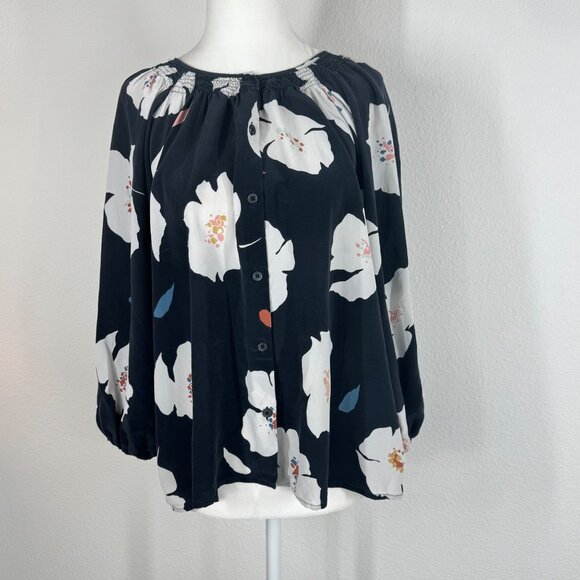 Tucker Black Floral Silk Crepe Blouse Size M Balloon Sleeve 3/4 Button Front - Picture 1 of 14